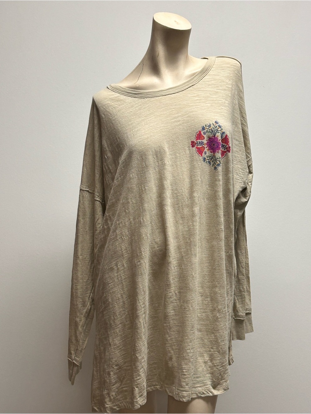Natural Life XL Boho Floral Long Sleeve Oversized Tunic Top Oatmeal fall cotton